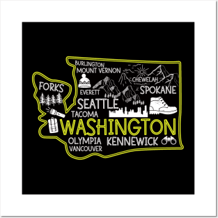 Washington cute map Tacoma Seattle Kennewick Spokane Posters and Art